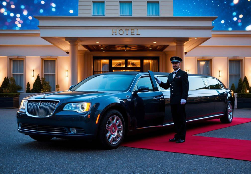 A luxurious limousine parked in front of a grand hotel entrance, with a uniformed chauffeur holding the door open. A red carpet is rolled out, and the evening sky is filled with twinkling stars