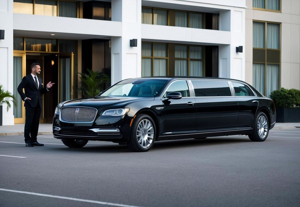 A sleek limousine parked in front of a luxurious hotel, with a chauffeur standing by the open door, ready to assist passengers