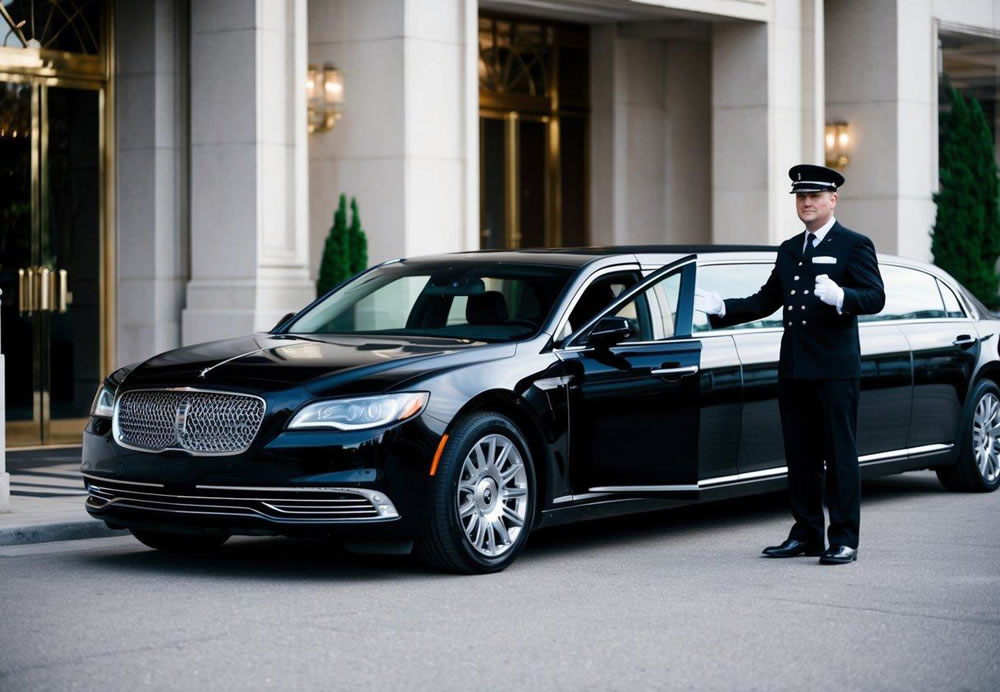 A sleek, black limousine parked outside a grand hotel entrance, with a uniformed chauffeur holding the door open for a passenger