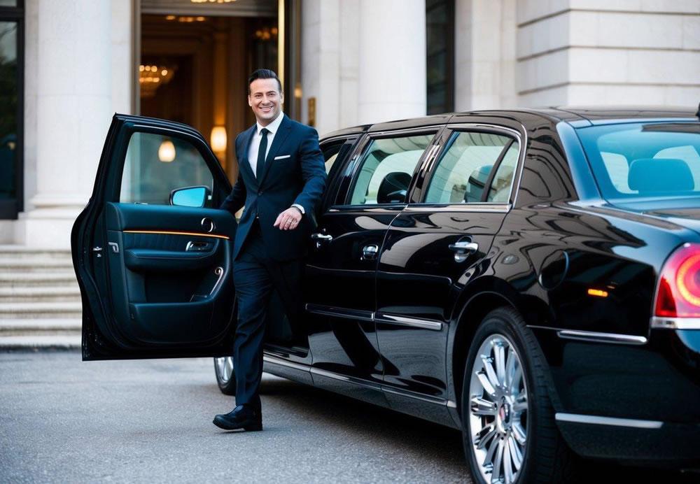 A sleek limousine arrives at a grand entrance, the driver opening the door with a professional smile. The clock on the dashboard reads the exact time of the scheduled pickup, highlighting the reliability and punctuality of the limo service