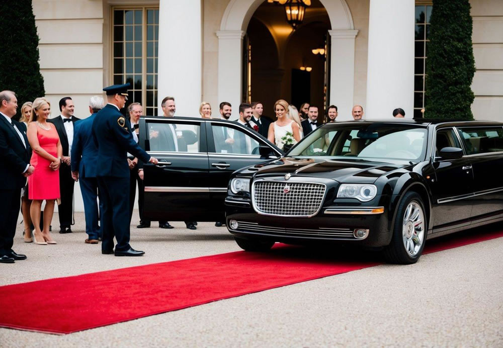 A sleek limousine pulls up to a grand entrance, red carpet rolled out. Guests eagerly await, while a uniformed chauffeur opens the door