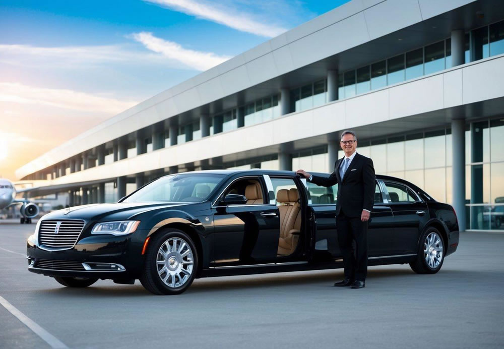 A luxurious limousine parked outside a modern airport terminal, with a chauffeur holding the door open for a relaxed traveler