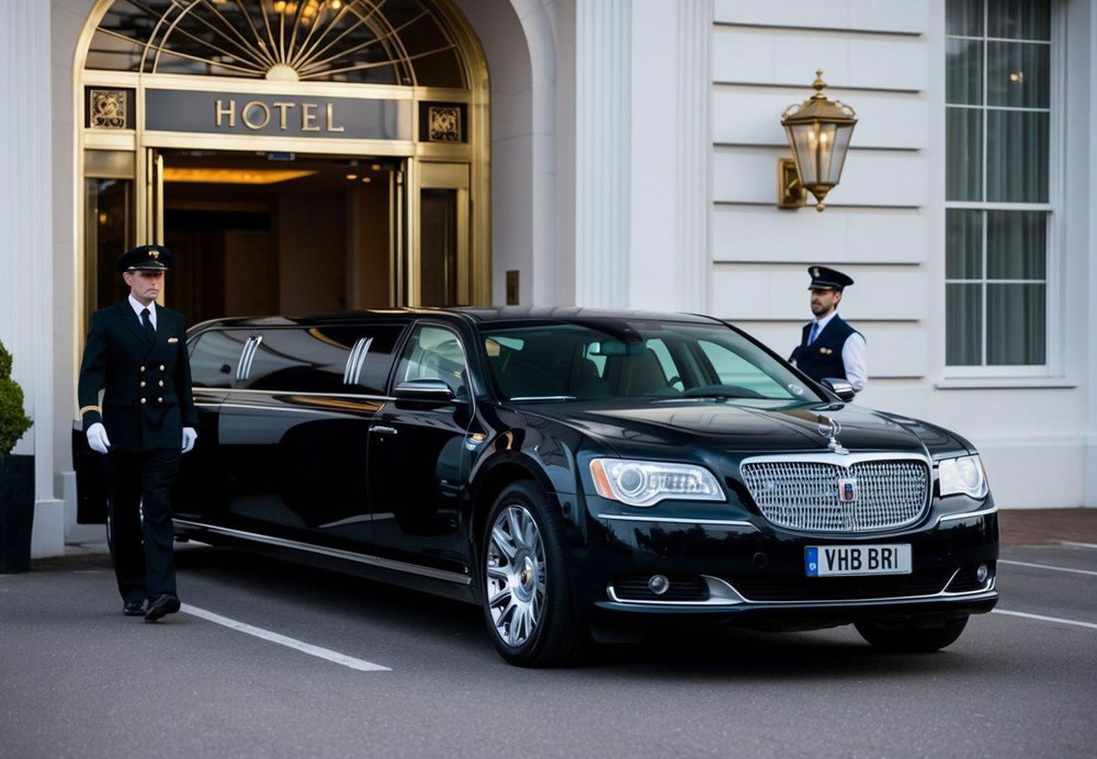 A luxurious limousine parked outside a grand hotel entrance, with a uniformed chauffeur standing by the open door, ready to assist passengers