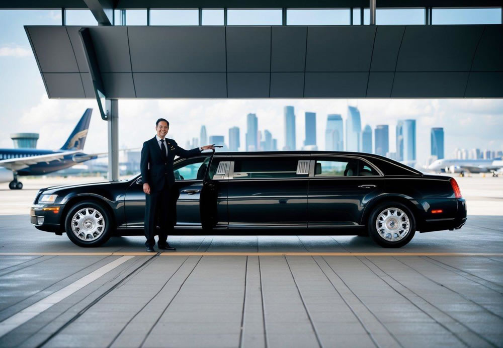 A sleek limousine parked outside a bustling airport, with a chauffeur holding open the door for a passenger. The city skyline in the background conveys luxury and efficiency