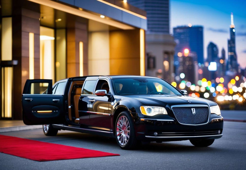 A sleek limousine parked in front of a luxury hotel, with a red carpet leading to the open door. Bright lights and a bustling city skyline in the background