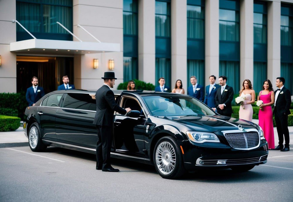 A chauffeur opens the door of a sleek limousine, parked in front of a luxury hotel, while a group of elegantly dressed people wait nearby