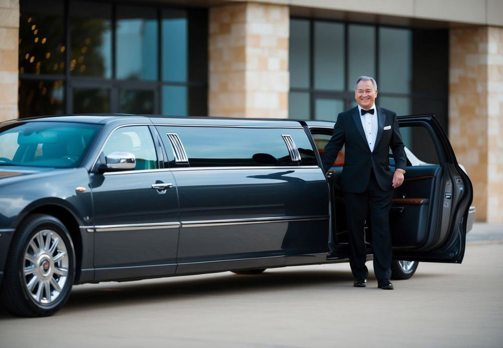 A sleek limousine parked outside a luxurious venue, with a chauffeur standing by the open door, ready to assist passengers