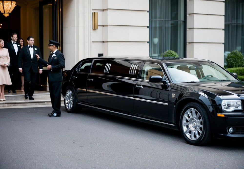 A sleek black limousine pulls up to a grand hotel entrance. A chauffeur in a crisp uniform opens the door for a group of elegantly dressed passengers