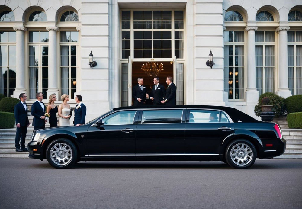 A sleek black limousine parked in front of a grand hotel, with a chauffeur holding open the door for a group of elegantly dressed passengers