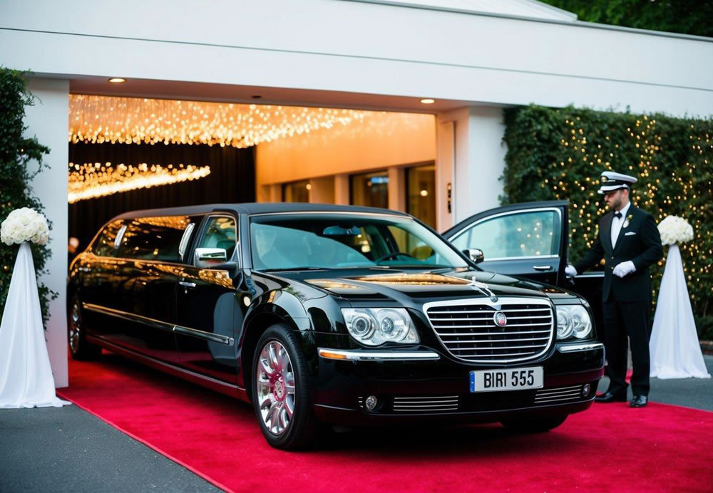 A sleek limousine pulls up to a grand entrance, surrounded by twinkling lights and a red carpet. A uniformed chauffeur opens the door, ready to provide a luxurious experience