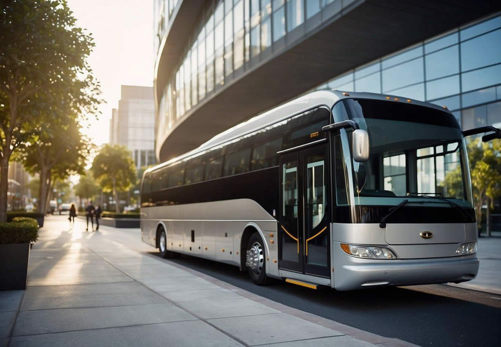 A luxury coach parked outside a modern office building, with a group of corporate professionals boarding the bus. The bus is sleek, spacious, and branded with the company's logo