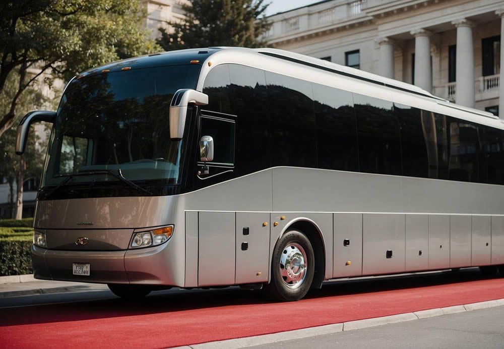 A luxury silver bus is standing on a red carpet in front of building.