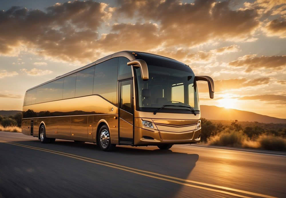 a luxury bus is driving during sun rise.