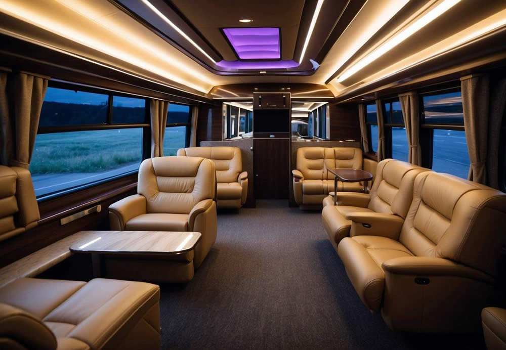 Luxury coaches with spacious interiors, plush seating, and state-of-the-art amenities for large corporate groups
