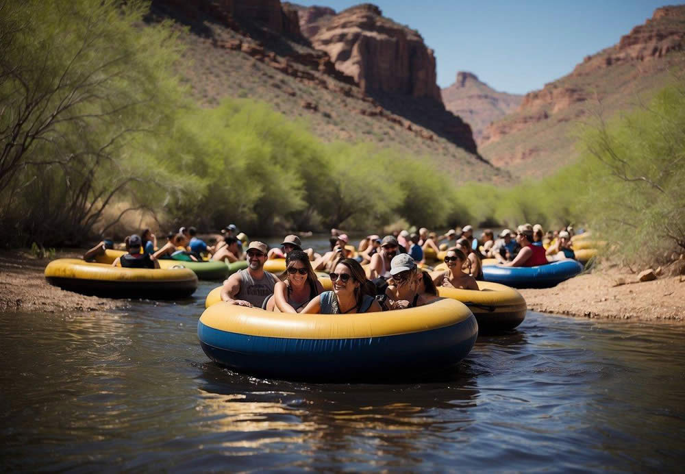 People gather at Salt River Tubing, Arizona. Tubes float down the river, surrounded by desert landscape and blue skies