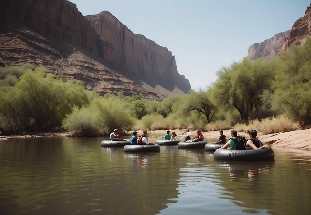 People floating down the Salt River on inner tubes, surrounded by towering cliffs and lush desert vegetation