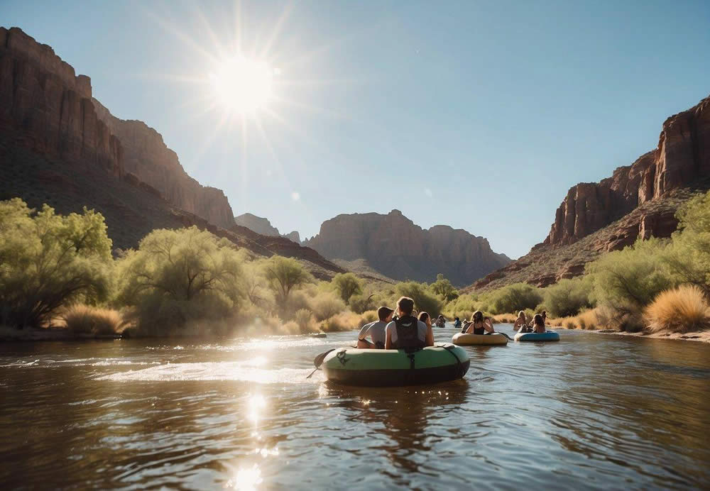 People are tubing down the Salt River in Arizona, surrounded by desert landscape and towering cliffs. The sun is shining and the water is clear and refreshing