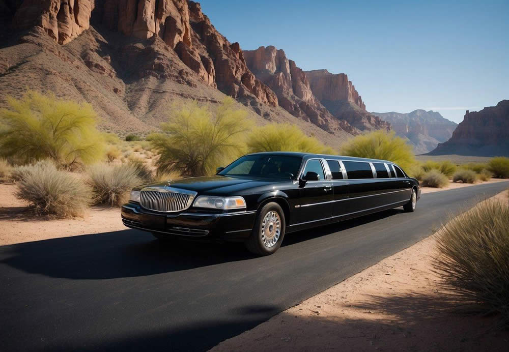 A sleek black limousine pulls up to the Salt River Tubing entrance, with a backdrop of the desert landscape and clear blue skies