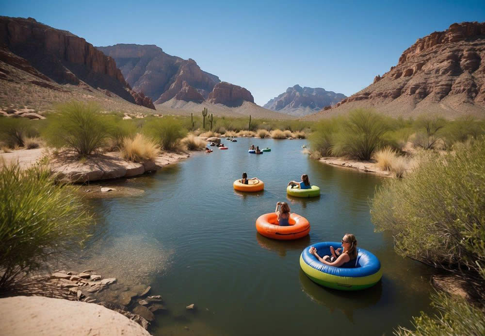 People enjoying tubing down the Salt River, surrounded by desert landscape, cacti, and clear blue skies. Coolers, tubes, and sunscreen scattered around