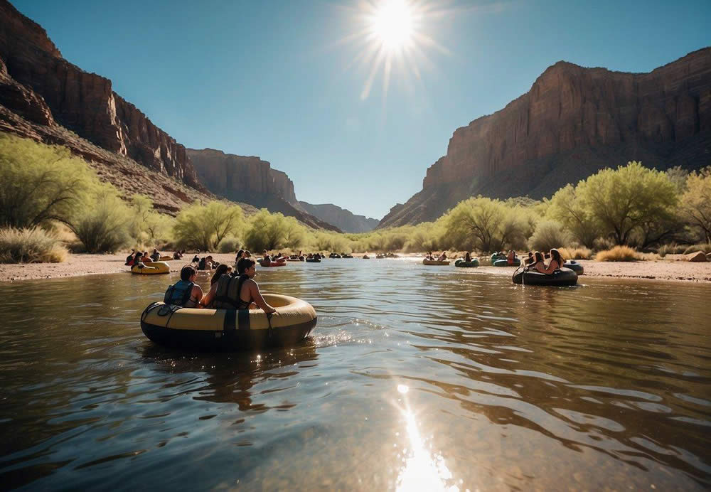 People enjoying tubing down the Salt River in Arizona, surrounded by towering cliffs and lush desert vegetation. The sun shines brightly in the clear blue sky, creating a perfect day for outdoor adventure