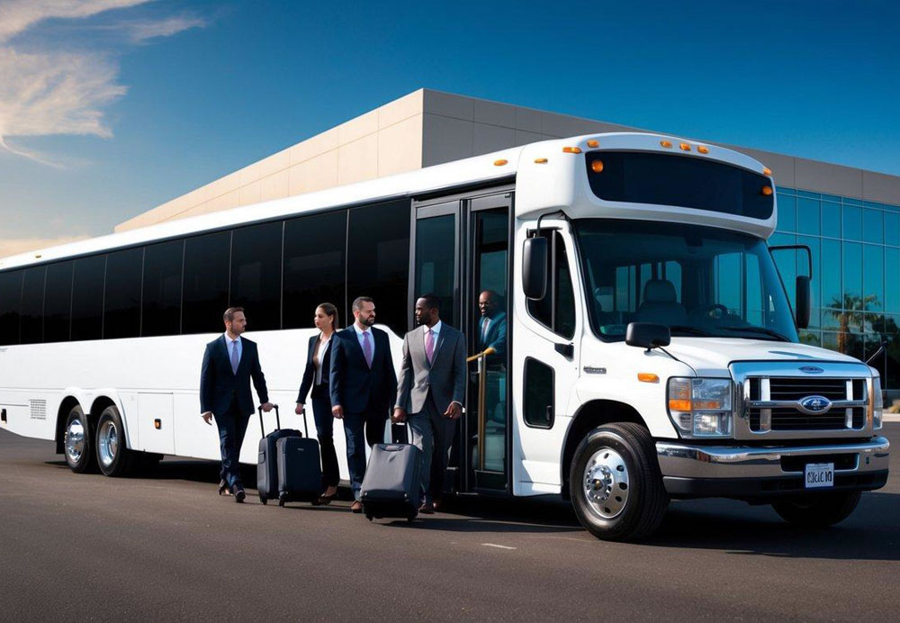 A charter bus parked outside a modern office building in Phoenix, Arizona, with a group of corporate professionals boarding with luggage