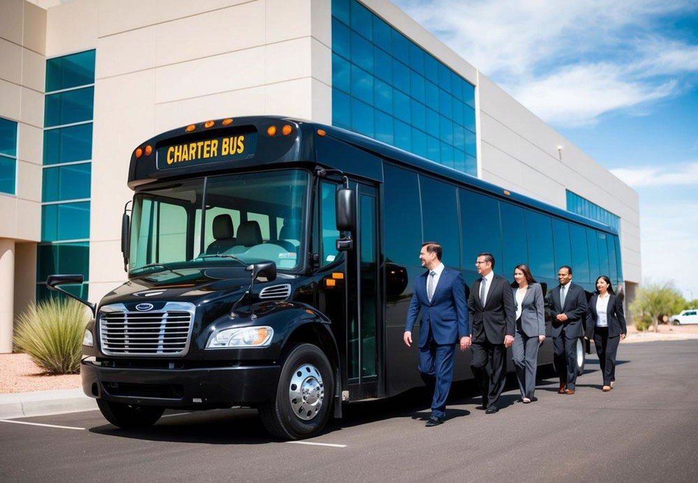 A charter bus parked outside a corporate building in Phoenix, Arizona, with a group of business professionals boarding