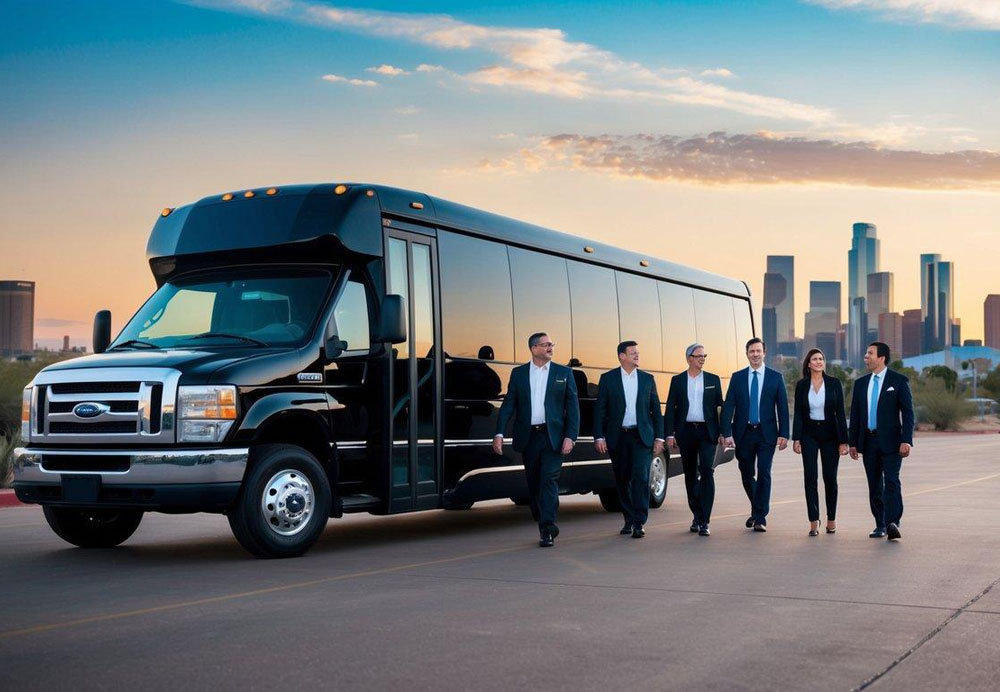 A group of professionals boards a sleek charter bus in Phoenix, Arizona, with the iconic city skyline in the background