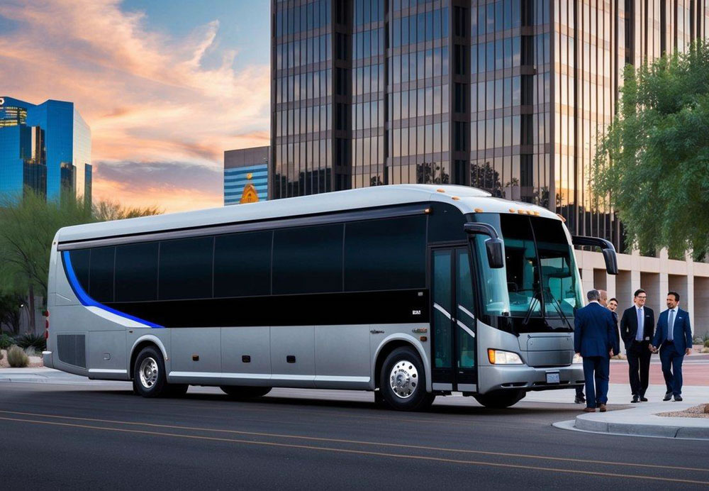 A sleek charter bus parked in front of a modern office building in downtown Phoenix, with a group of professionals boarding