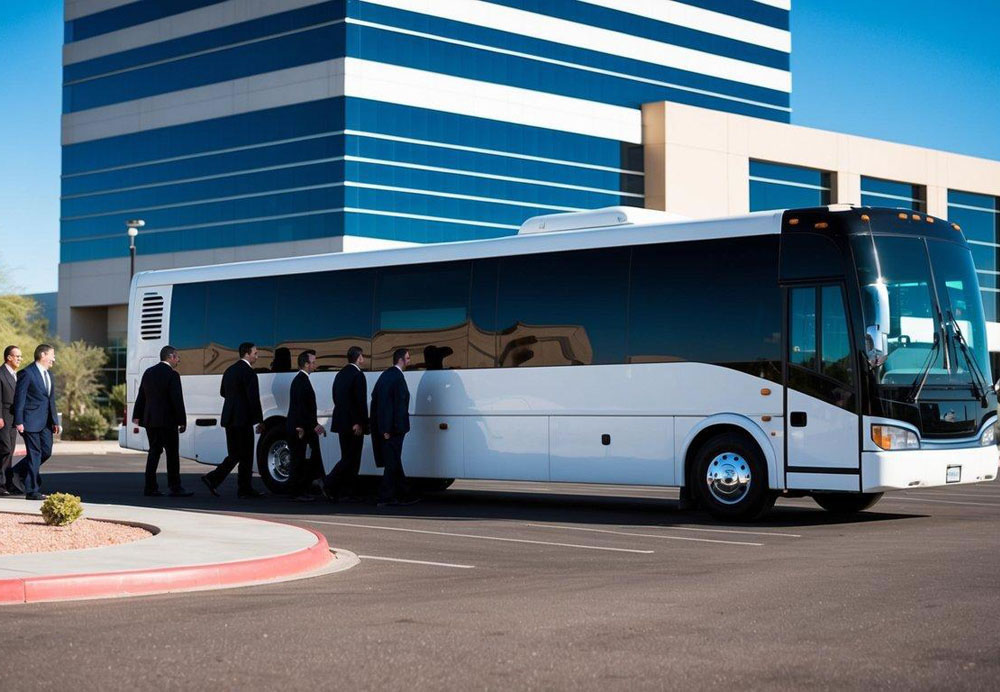 A charter bus parked in front of a corporate office building in Phoenix, Arizona, with a group of professionals boarding