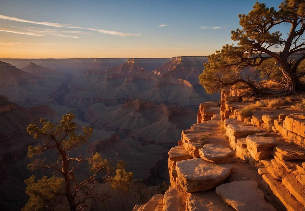 Sunset over the Grand Canyon's South Rim, casting long shadows on the rugged terrain and illuminating the vibrant colors of the rock formations