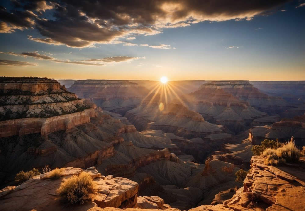 Sunset over the vast Grand Canyon, casting long shadows and vibrant colors across the rugged landscape