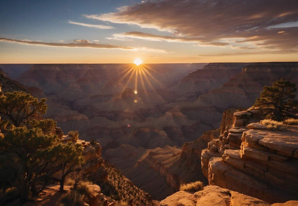 The sun sets over the vast expanse of the Grand Canyon South Rim, casting deep shadows and highlighting the rich colors of the rock formations. Tourists gather at lookout points, marveling at the natural wonder before them