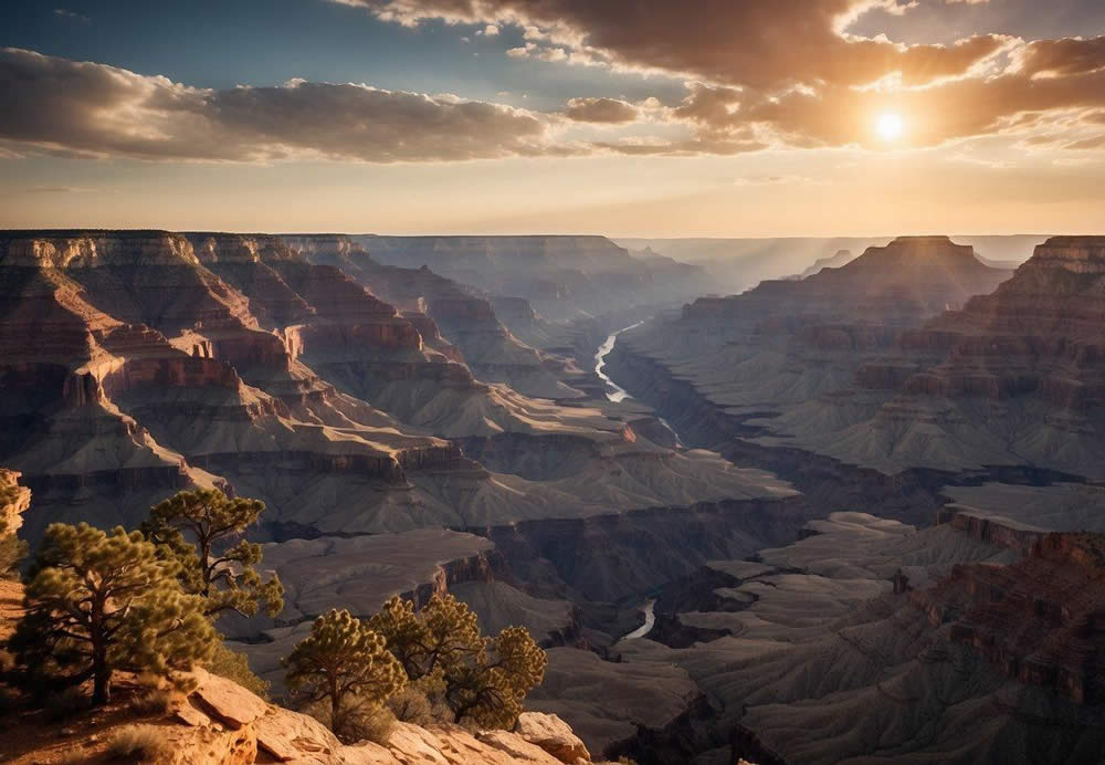 The Grand Canyon South Rim, with towering red rock formations and the Colorado River winding through the canyon, creating a breathtaking and awe-inspiring view