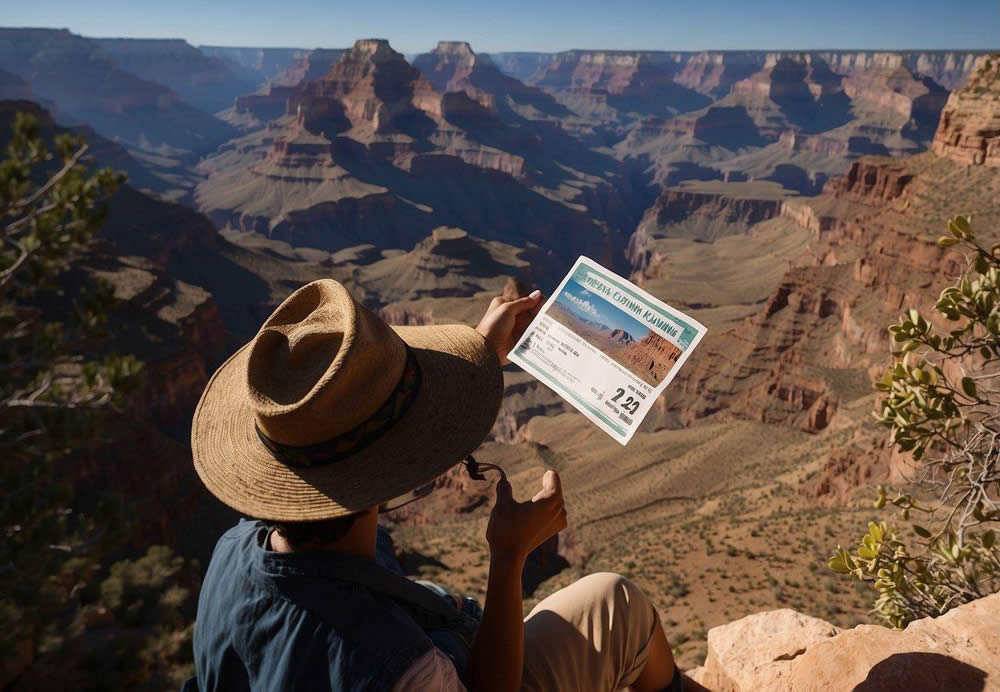 A person books a bus ticket from Phoenix to the Grand Canyon. They arrive at the South Rim and take in the breathtaking views