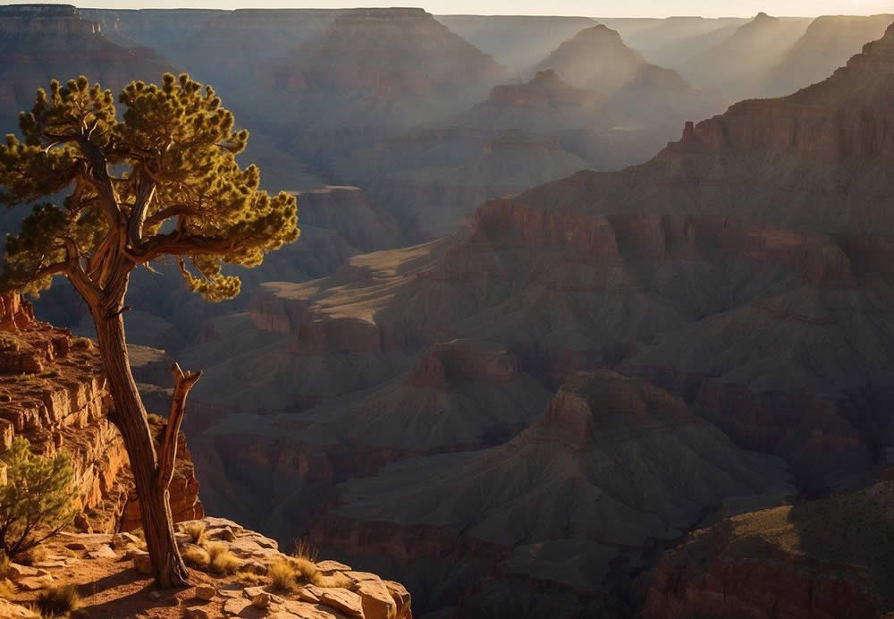 The sun sets over the vast Grand Canyon, casting long shadows across the rugged terrain and illuminating the colorful layers of rock