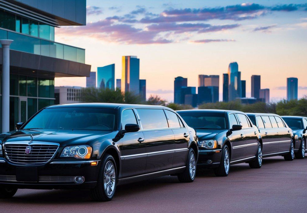 A row of sleek, luxurious limousines parked in front of a modern building, with the Phoenix skyline in the background