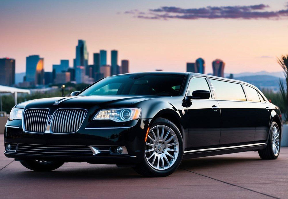 A sleek, black limousine parked in front of a luxurious event venue, with the Phoenix skyline in the background