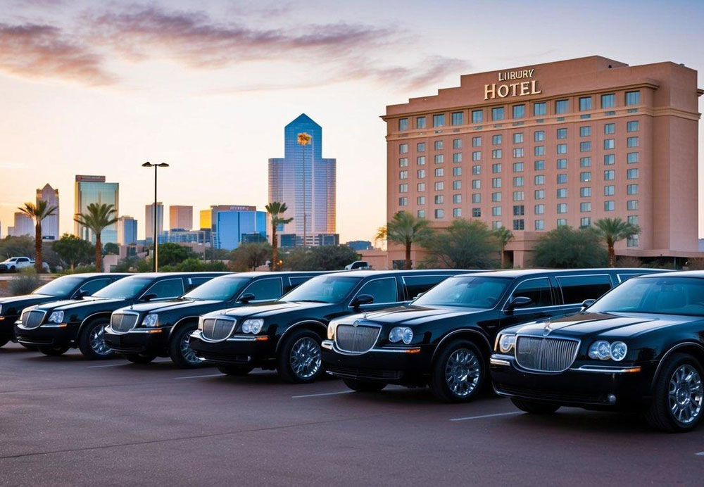 A row of sleek, shiny limousines parked in front of a luxury hotel in downtown Phoenix, with the city skyline in the background