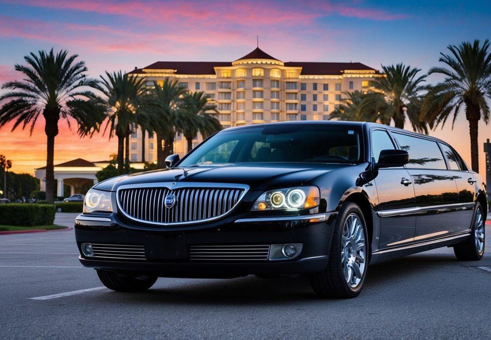 A sleek, black limousine parked in front of a luxurious hotel with palm trees and a vibrant sunset in the background