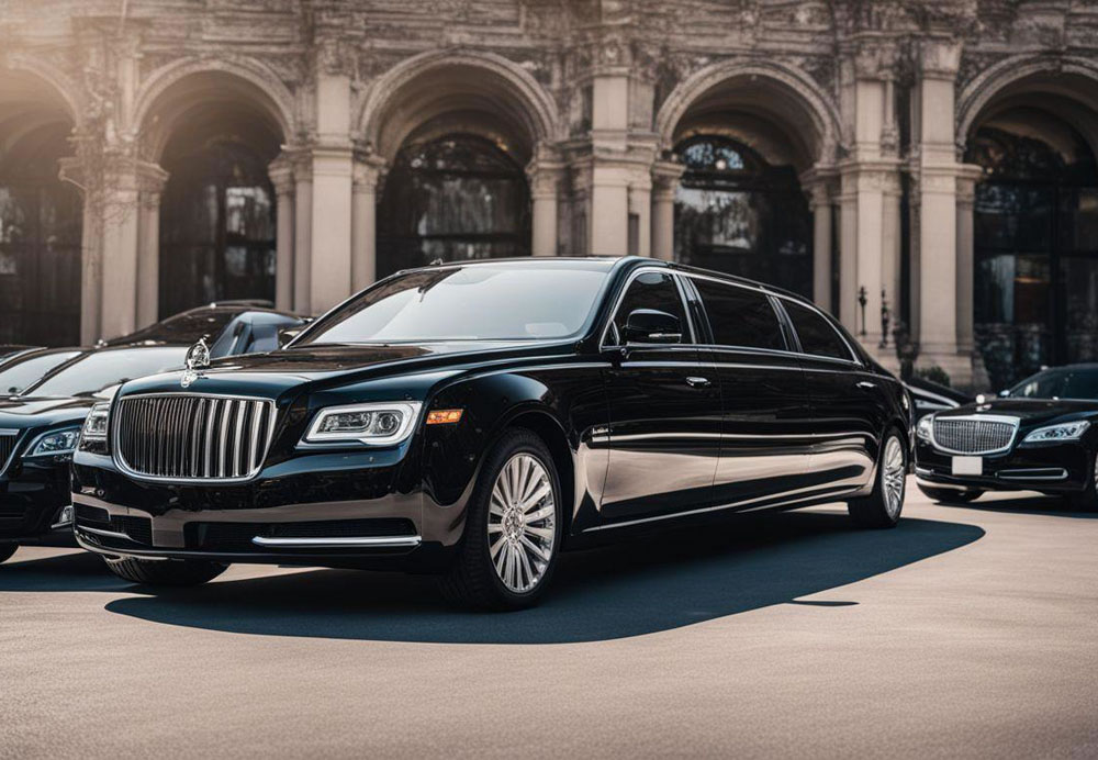 A black limousine parked in front of a building