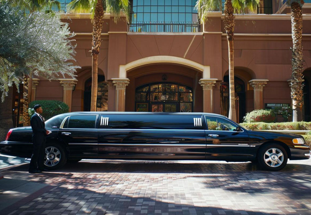 a limo parked in front of a villa