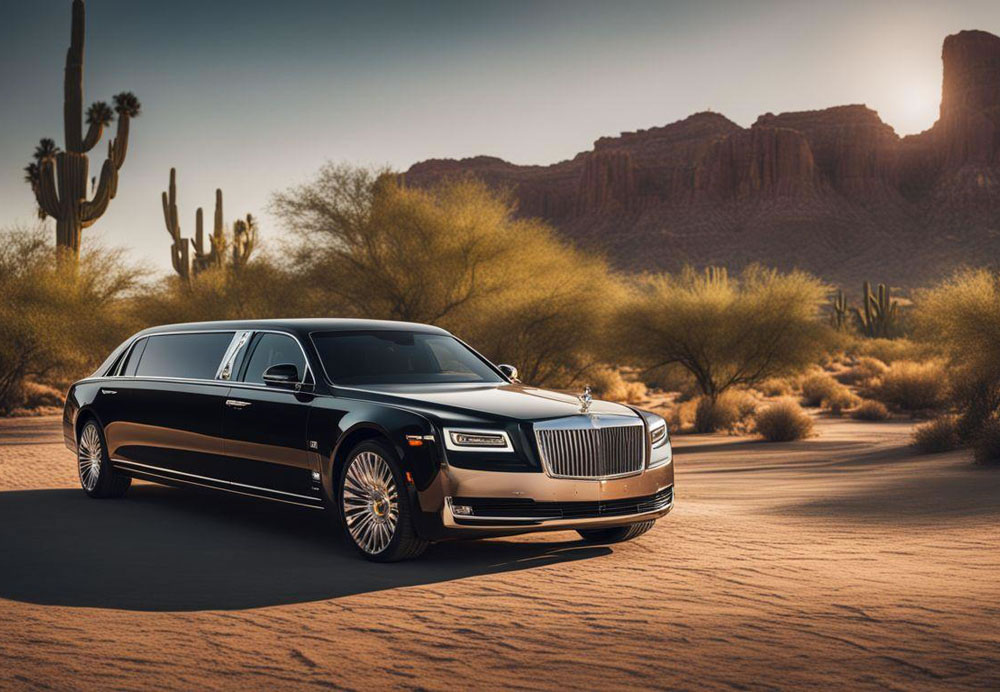 A limousine parked in the desert