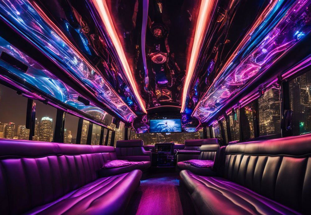 Inside a limo with purple and blue lights