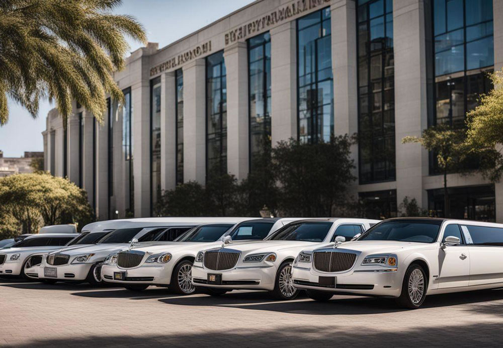 A row of white cars in front of a building