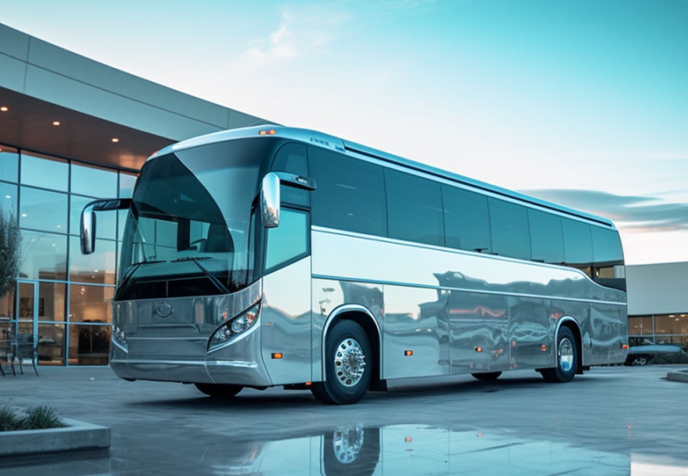 A bus parked in front of a building